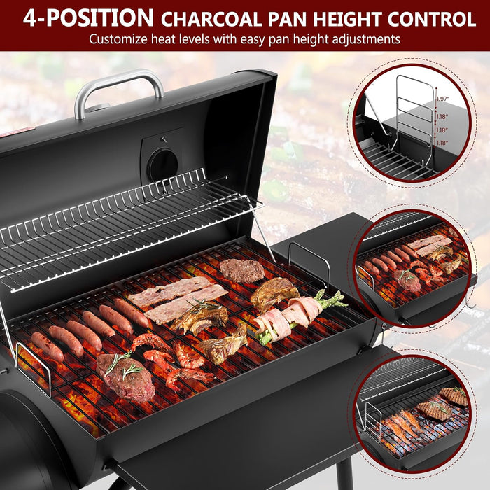 Charcoal Grill Offset Smoker, 744.5 Sq.In Outdoor BBQ Smoker Grill with Side Fire Box, 4-Position Charcoal Pan, Built-In Thermometer, Side Table & Wheels for Backyard Patio Camping