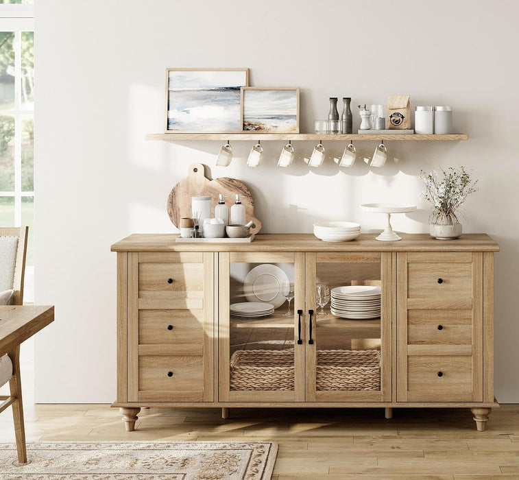 Farmhouse Buffet Cabinet with Glass Door, Wooden Sideboard, Oak, 58” | Wood Kitchen Storage Cabinet with Adjustable Shelf, Coffee Bar Table with Solid Wood Leg, Accent Cabinet for Dining Room