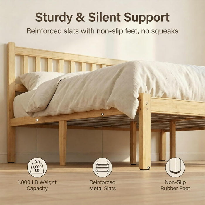 Wood Twin Bed Frame with Headboard, 18 Inch High Solid Bamboo Platform Bed No Box Spring Needed, Modern Minimalist Heavy Duty Bedframe, Easy Assembly, Noise Free