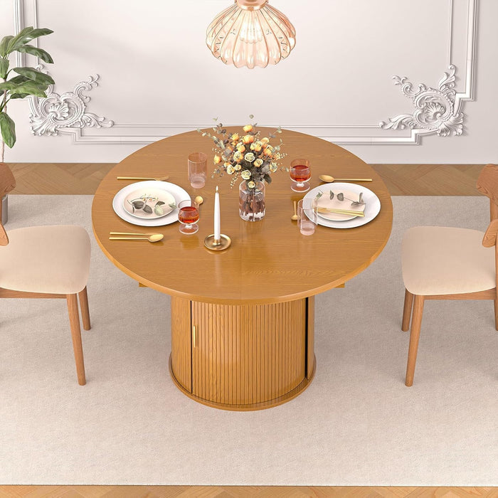 47"-63" Extendable round Dining Table for 4–8 with Storage, Mid Century Modern Farmhouse Wood Oval Dinner Table with Pedestal Base for Kitchen, Living Room (Yellow Walnut)