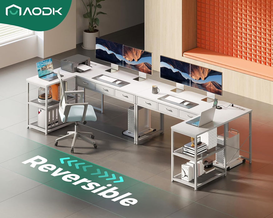 53 Inch L Shaped Computer Desk with Drawers, Corner Desk with Power Outlets & Reversible Storage Shelves, Movable CPU Stand for Home Office Gaming, White