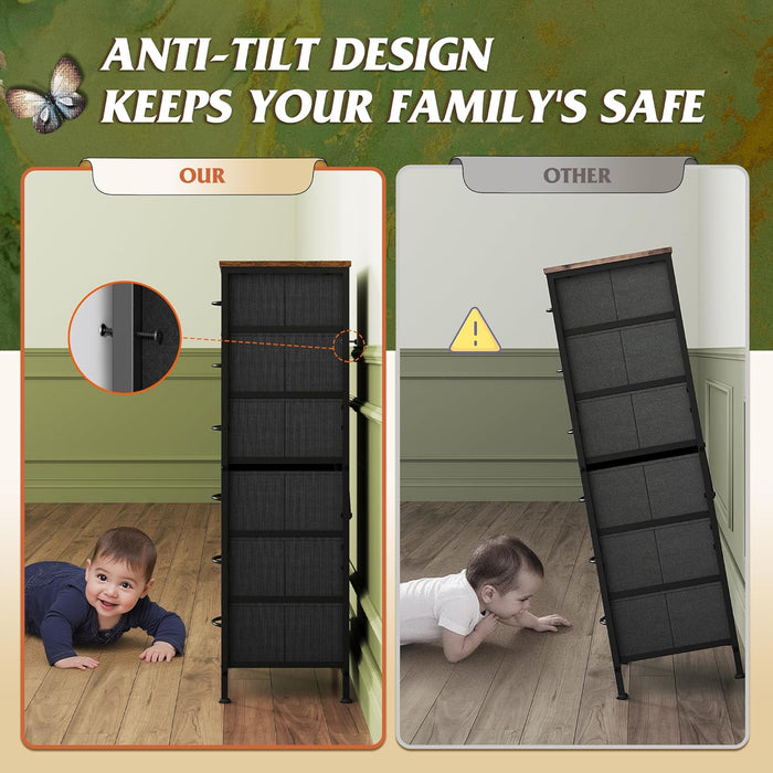 Tall Dresser for Bedroom, 6 Drawer Dressers & Chests of Drawers, Fabric Dresser for Closet, Night Stand with Metal Frame, Storage Tower with Fabric Bins, Wood Top, Rustic Brown Wood Grain Print