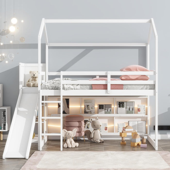 White Twin Loft Bed WithOverheadStorageCompartments