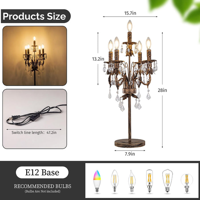 Bronze Vintage Crystal Table Lamp,Bedside Lamps for Nightstand 28"H