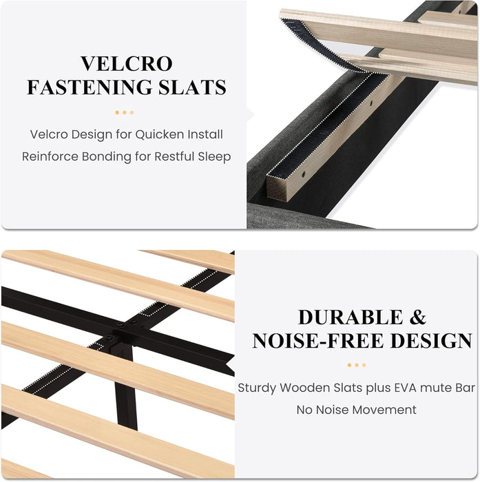 Full Platform Bed Frame with Upholstered Fabric Headboard, Mattress Foundation with Strong Wooden Slats Support, No Box Spring Needed, Grey