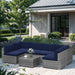 7 Piece Patio Furniture Sets All Weather Grey PE Wicker Couch Sofa with Glass Table, Removable Navy Blue Cushions