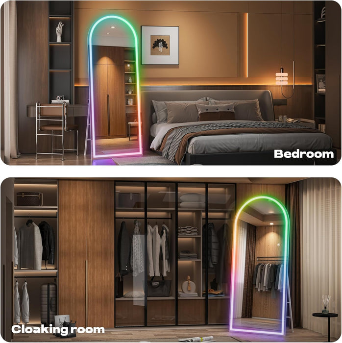 Arch Full Length Mirror 55.5 X 15.7 in with Stand — Arch LED RGB Full Body Mirror, 7 Lighting Modes, Dimmable Touch Controls, Adjustable Tilt, White Frame for Bedroom Dressing Room