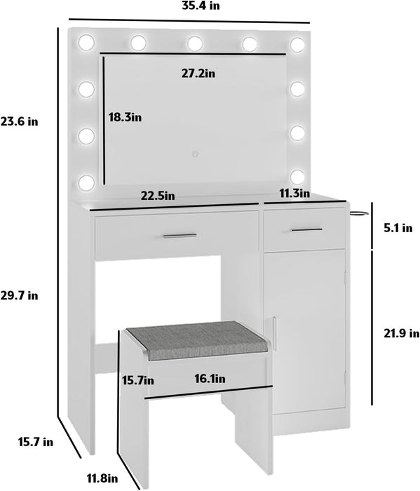 Vanity, Vanity Desk with Mirror, Large Drawer and Power Socket with 11 Light Bulbs and 3 Adjustable Lighting Modes, Vanity Table Ideal for Bedroom (White)