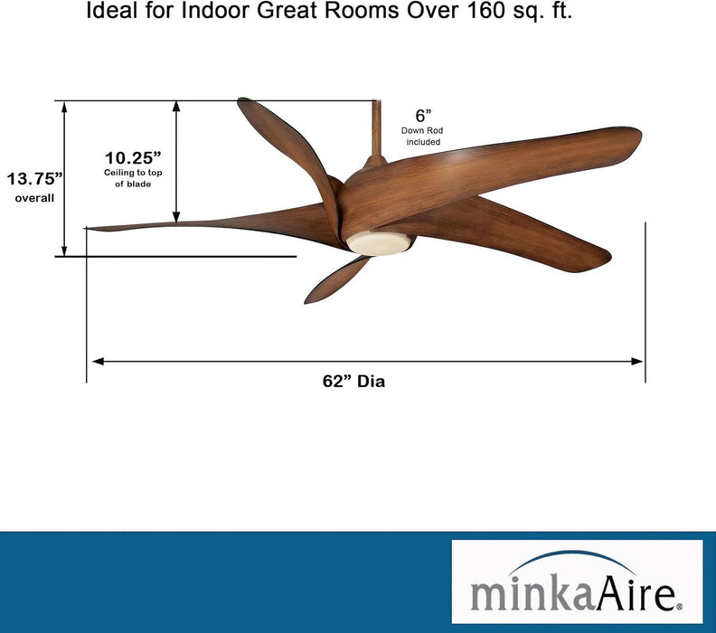 F905L-DK, Artemis XL5 LED Distressed Koa 62" Ceiling Fan with Light & Remote Control