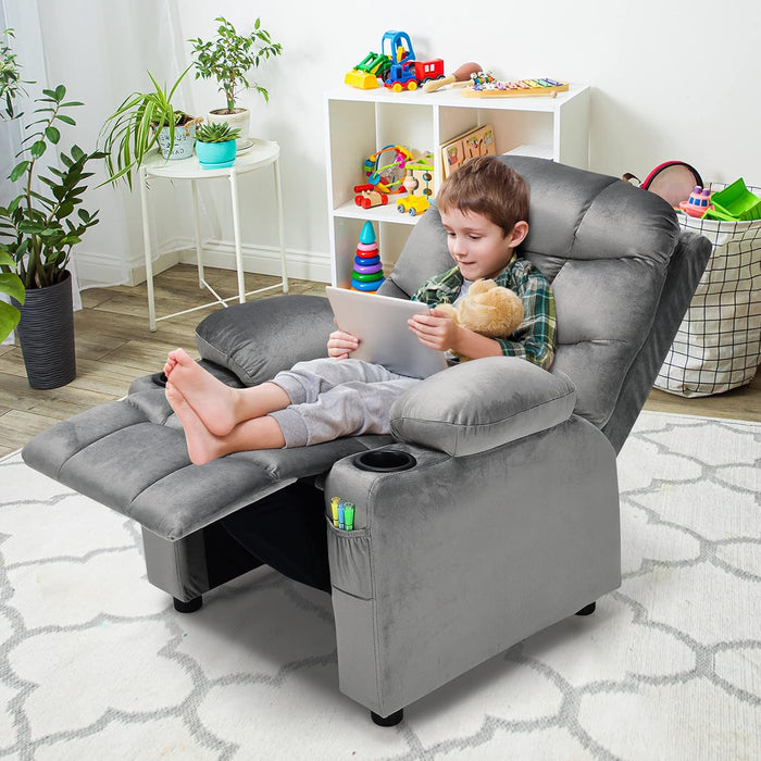 Kids Recliner Chair with Cup Holder, Adjustable Velvet Lounge Chair W/Footrest & Side Pockets for Children Boys Girls Room, Ergonomic Toddler Furniture Sofa Gifts, Kids Recliner (Gray)