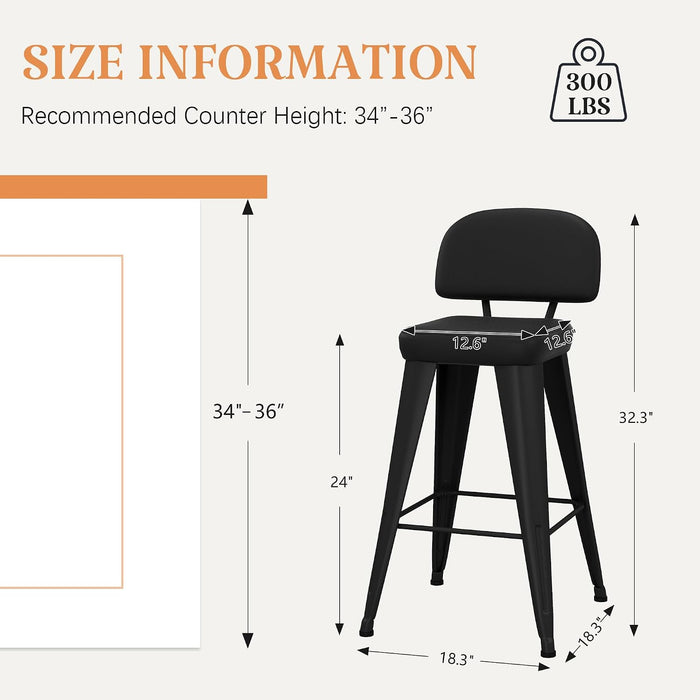 24" Bar Stools Set of 4, Black Faux Leather Barstools with Back