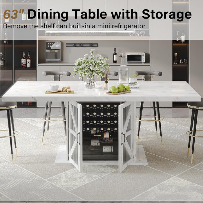 Modern Dining Table for 4 to 6, White Rectangle Kitchen Table with Storage, Wooden Pedestal Dining Room Table with Fridge Space, Large Dinner Tables for Home,Living Room,White Faux Marble, 63 Inch