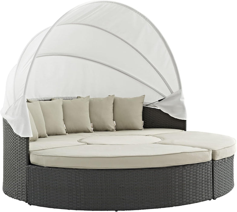 Sojourn Outdoor Patio Sunbrella Sectional Daybed with Canopy in Antique Canvas Beige