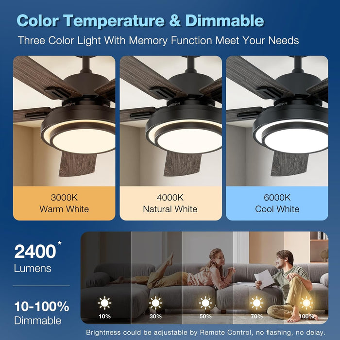 Ceiling Fans with Lights and Remote Control, 52 Inch, 6 Speeds Reversible DC Motor, 3 Color Dimmable Light, Timer, Noiseless, Black, 5 Blades, 2 Pack