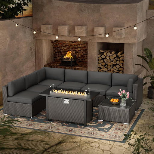 8-Piece Outdoor Patio Furniture Sofa Set with 45” Propane Gas Fire Pit Table, Black Rattan Wicker Sectional Conversation Sets with Glass Top Table and Cushions(Grey, W/Fire Pit Table)