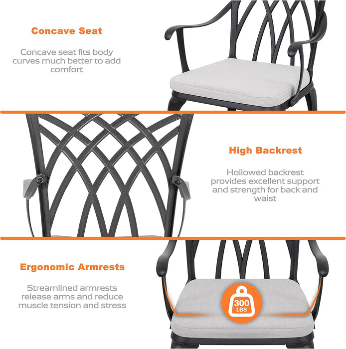 Bistro Set 3 Piece Outdoor Cast Aluminum Patio Bistro Set Patio Table and Chairs Set of 2 with Umbrella Hole and Gray Cushions, Black