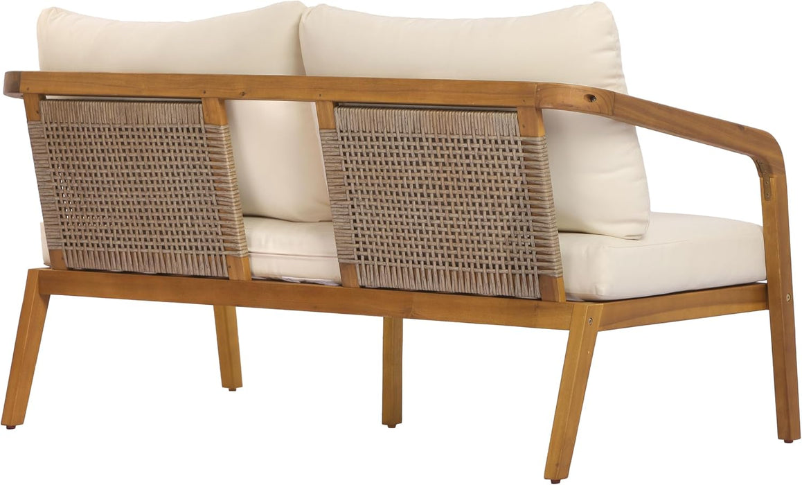 Kai 4 Piece Patio Furniture Set with Slatted Coffee Table, Outdoor Sofa Set with PE Wicker Backrest & Cushions, Acacia Wood Conversation Set for Backyard,Cream+Light Brown+Teak