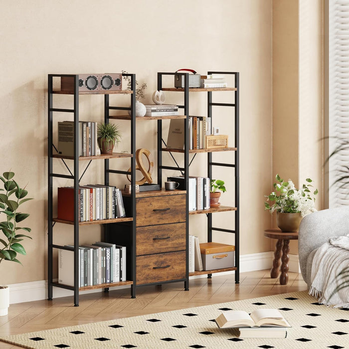Triple Bookshelf with 3 Fabric Drawers, 4-Tier Book Shelf and 10 Display Shelves, Industrial Large Bookcase for Home & Office, Rustic Brown, 47'' Wide