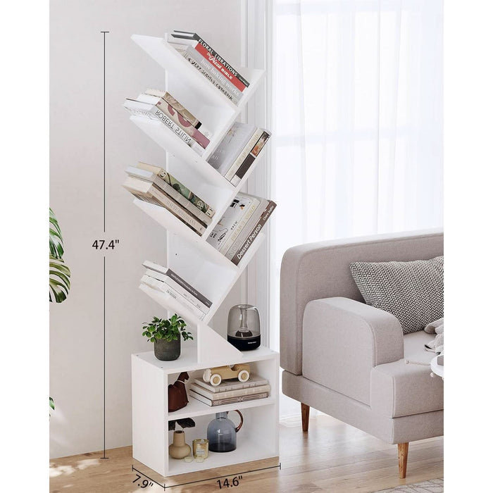 6 Tier Tree Bookshelf, Tall Bookcase with Storage Cabinet, Modern Narrow Bookshelves Organizer, Floor Standing Book Shelf for Bedroom/Living Room/Home Office/Corner, White