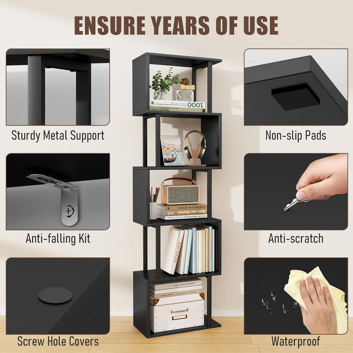 5-Tier Bookshelf, Tall S-Shaped Geometric Bookcase, Wood and Metal Decorative Storage Shelving, Modern Freestanding Display Shelves, Book Shelf Unit for Living Room Bedroom Home Office, Black