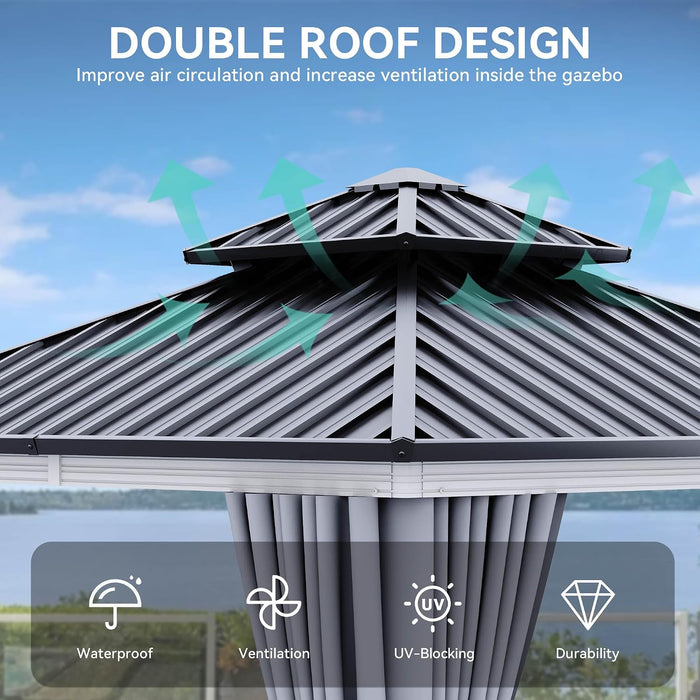 10X10FT Gazebo Patios Hard Top Outdoor Double Roof Canopy Aluminum Frame Metal Top Garden Gazebo with Curtains Netting for Backyards Decks Lawns, White