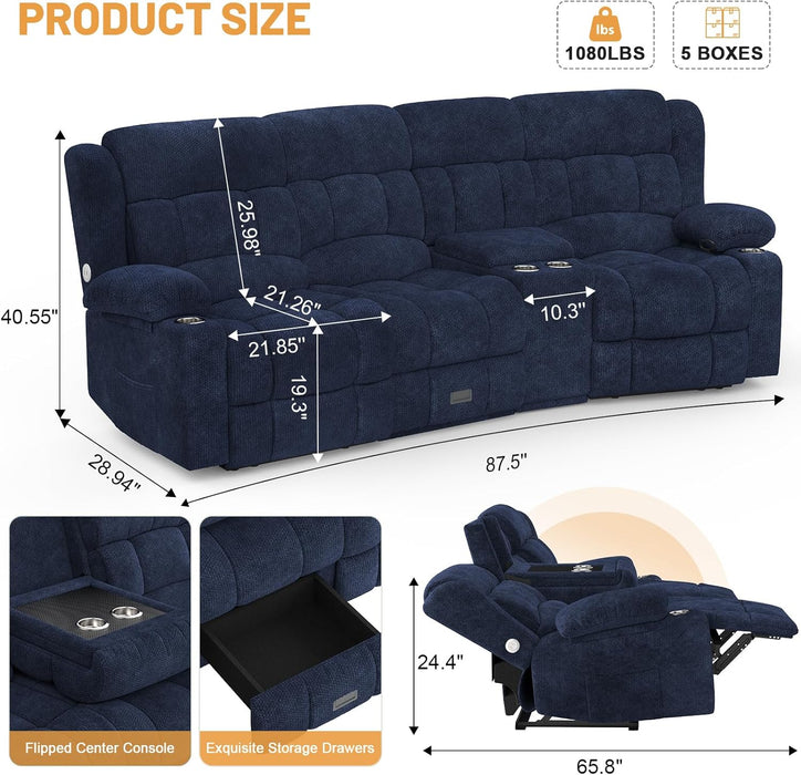 Recliner Sofa with Storage Console, Flip Middle Backrest Design 3-Seater Reclining Sofa with Storage Drawer, USB Ports & Cup Holders, Manual Couch for Living Room (Blue, 3 Seater + Console)