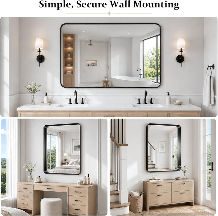 30X30 Inch Black Bathroom Mirror Metal Framed, HD Tempered Glass