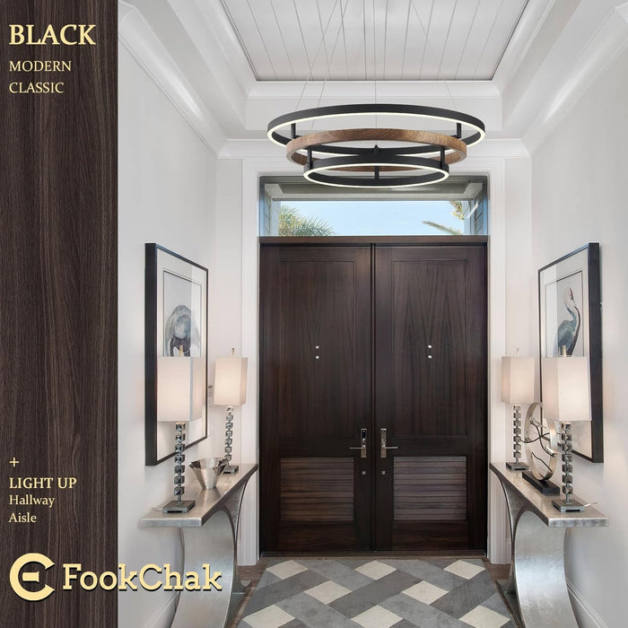 Modern LED Chandelier Black Wood Dimmable 3-Ring Foyer Entry Chandeliers Light 24In Dining Room Chandelier Light Fixture for Kitchen Home Office Living Room