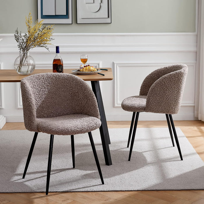 Accent Chairs Set of 2, Fuzzy Sherpa Dining Chairs with Barrel Back, Upholstered Faux Fur Armchairs with Black Metal Leg, Living Room Chairs (Light Brown)