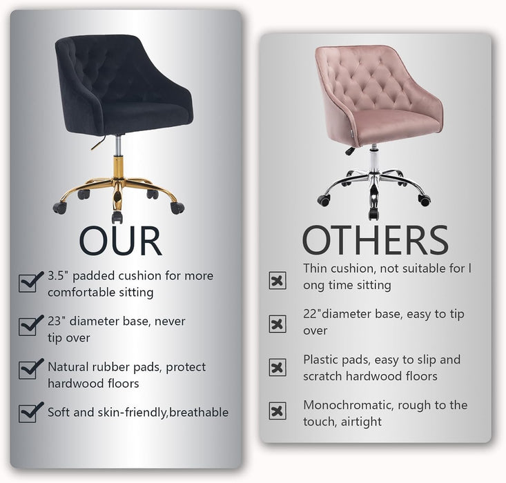 Velvet Office Swivel Chair, Vanity Chair, Fabric Desk Chair, Pretty Fancy Chair, Gold Office Chair for Girls, 360°Swivel Height Adjustable Reception Chair (Black)