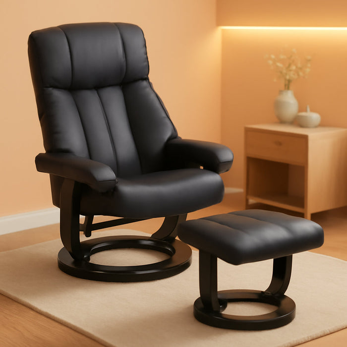 Massage Recliner Chair with Ottoman, 360° Swivel Recliner and Footstool, 10 Point Vibration, PU Leather Reclining Chair with Side Pocket and Remote Control, Black