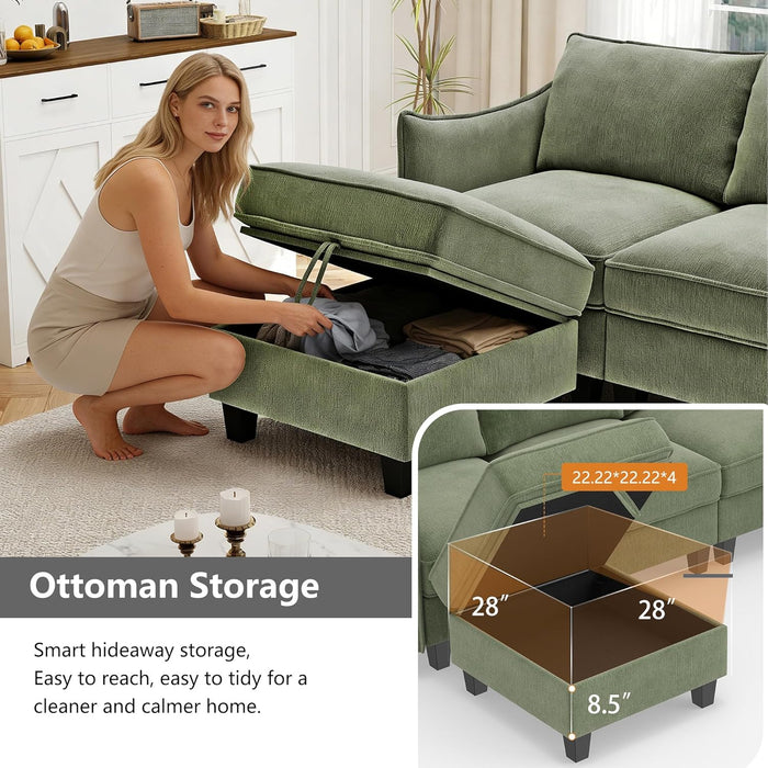 Green 112Inches Sectional Sofa With Storage Ottomans