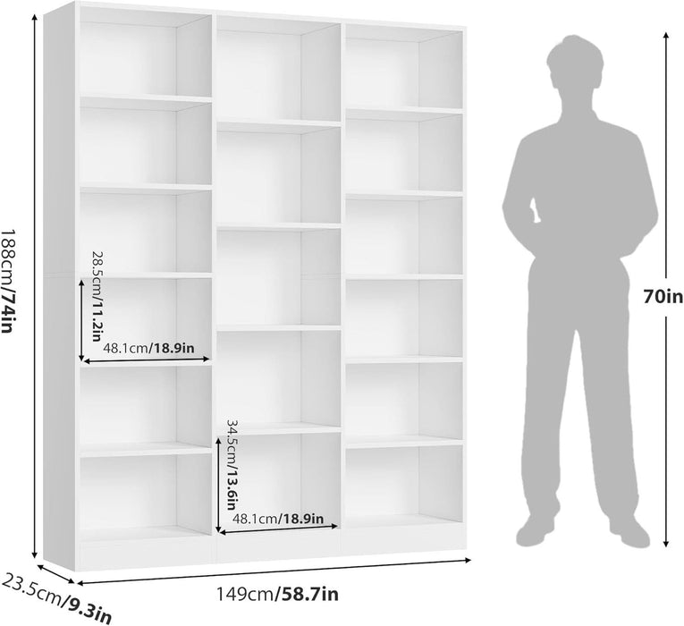 Triple Wide Bookshelf, 6 Tier Large Bookshelf, Bookcase with 17 Open Display Shelves, 74'' Tall Bookcases and Bookshelves for Living Room, Home Office, Library, White