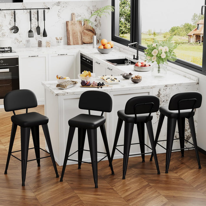 24" Bar Stools Set of 4, Black Faux Leather Barstools with Back