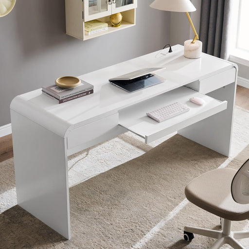 63" Modern Computer Desk with 2 Drawers, Wood Curved Executive Desk with Keyboard Tray & Power Outlet, Writing Desks with Storage for Home Office, Study Room, Living Room (White)