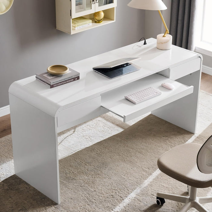 63" Modern Computer Desk with 2 Drawers, Wood Curved Executive Desk with Keyboard Tray & Power Outlet, Writing Desks with Storage for Home Office, Study Room, Living Room (White)