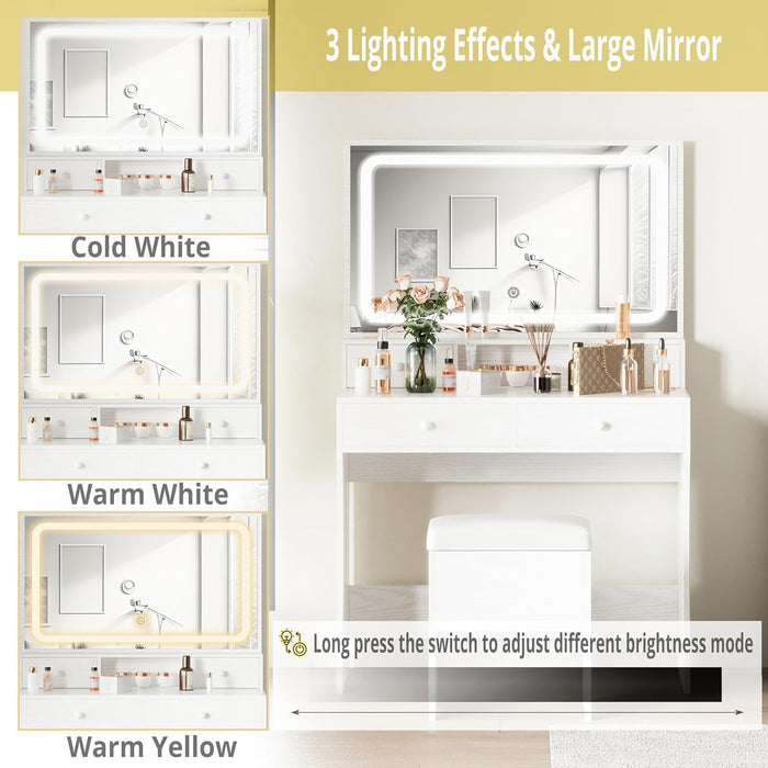 Vanity Desk with LED Lighted Mirror & Power Outlet, Makeup Vanities Table with 4 Drawers,Storage Bench,Dressing Table for Bedroom White