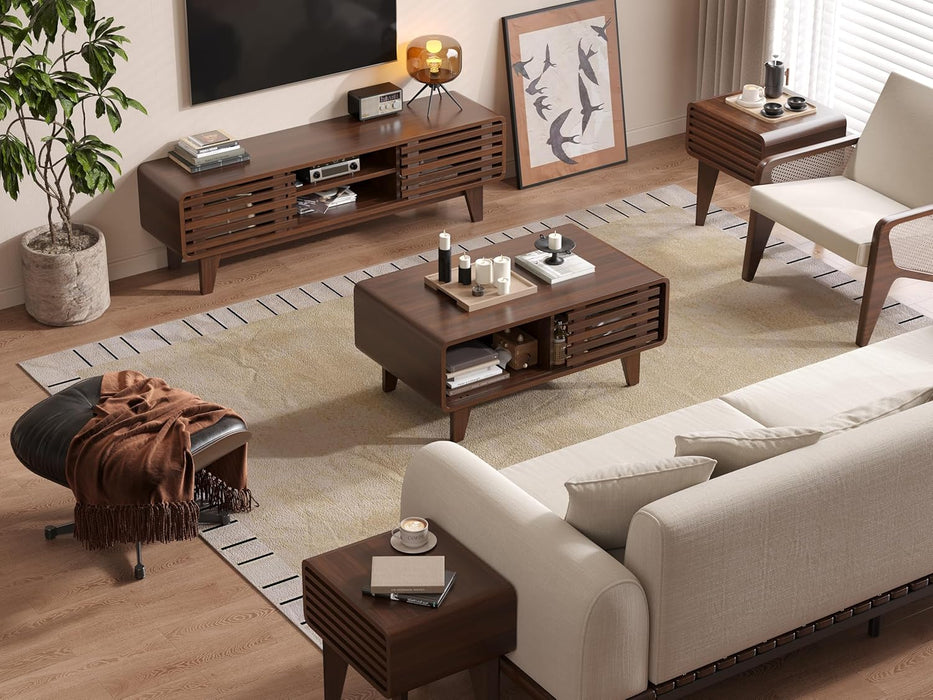 TV Stand for 60 Inch TV, Mid Century Modern Entertainment Center with Storage Boho Television Stand with Shelves and Grille Sliding Doors Wood Media Console for Living Room, Walnut