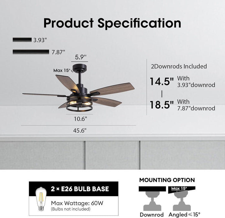 46 Inch Ceiling Fans with Lights and Remote Control, Farmhouse Ceiling Fan for Bedroom Living Room and Patio, Black Caged Ceiling Fan for Indoor and Outdoor