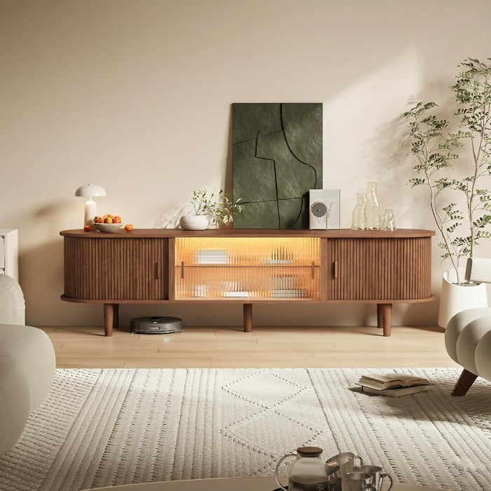 70" Fluted TV Stand with LED Lights for Tvs up to 75 Inch, Mid Century Modern Entertainment Center with Sliding Doors & Glass Shelf, TV Console Table Media Console for Living Room, Walnut