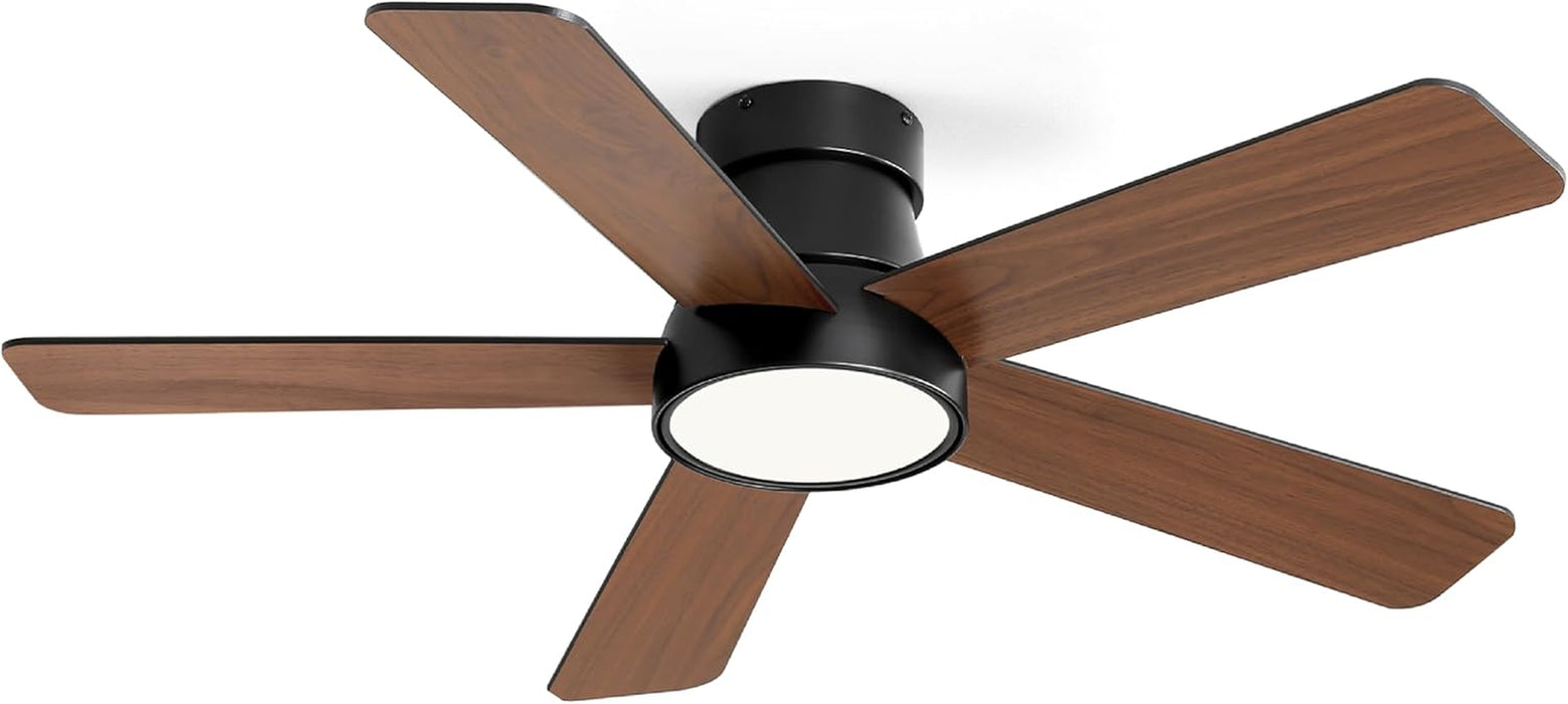 42 Inch Ceiling Fans with Lights and Remote,Outdoor Indoor Modern Flush Mount Ceiling Fan with 3CCT 6-Speed Quiet DC Motor,Black Small Low Profile Ceiling Fan for Bedroom Living Room Office