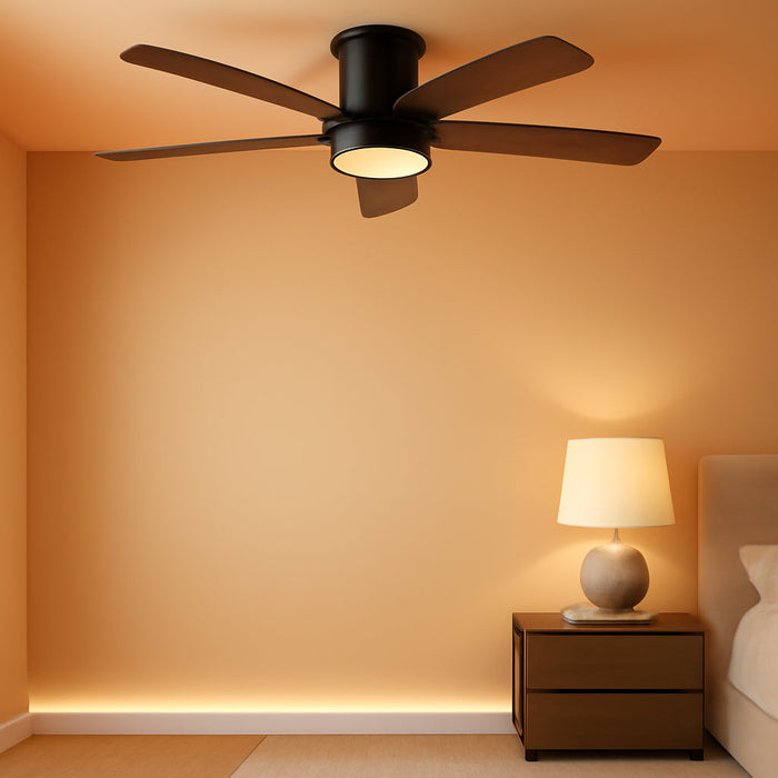 42 Inch Ceiling Fans with Lights and Remote,Outdoor Indoor Modern Flush Mount Ceiling Fan with 3CCT 6-Speed Quiet DC Motor,Black Small Low Profile Ceiling Fan for Bedroom Living Room Office