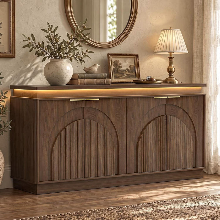 65.7" Sideboard Buffet Cabinet with Arched Fluted Doors,Led Lights