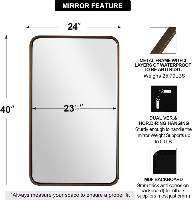 Bronze Bathroom Mirror, 24X40’’ Rounded Rectangle Oil Rubbed Bronze Mirror in Premium Tube Metal Framed 1’’ Deep Wall-Mounted Mirror Horizontal/Vertical