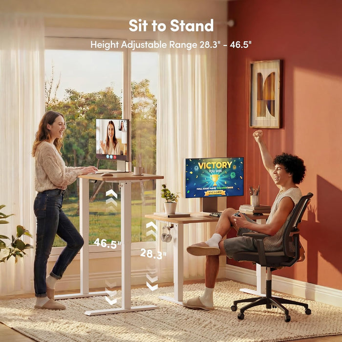 Standing Desk, 32" Small Sit Stand Home Office Desk, Electric Stand up Desk, Adjustable Desk with Splice Board, White Frame/Maple Top