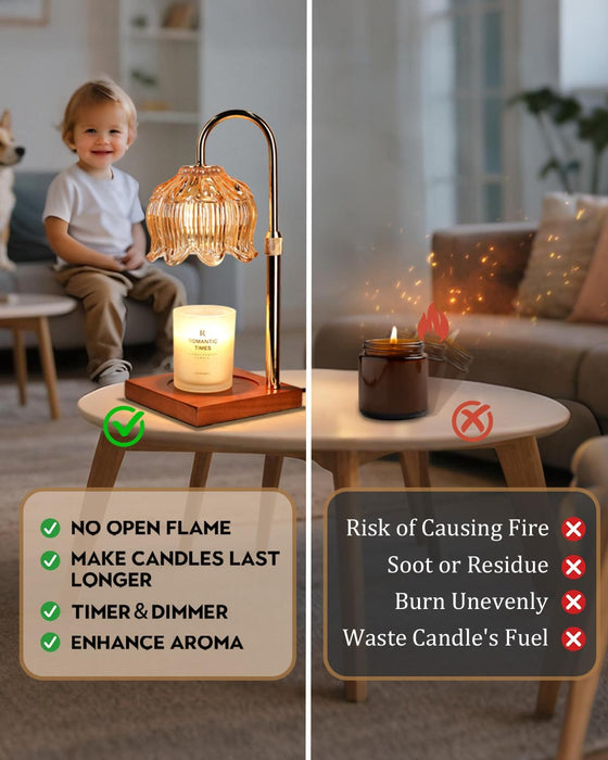 Flower Candle Warmer Lamp with Timer & Dimmer, Adjustable Height Candle Warmer, Gifts for Women Mom Birthday Christmas, House Warming New Home Bedroom Decor, Wax Warmer with 2 Bulbs for Jar Candles