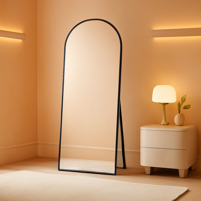Arched Full Length Mirror with Stand, 56"X19" Aluminum Alloy Frame Floor Mirror, Black - Free Standing, Leaning against Wall or Wall-Mounted, for Bedroom Living Room Dressing Room