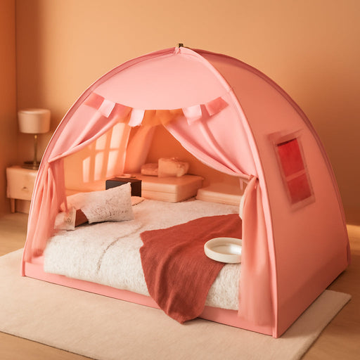 Full Size Bed Canopy for Kids, Girls Bed Tent Dream Privacy Playhouse Floor Sleeping Tents Indoor, Toddler under Bunk Bed Pink Tent with Pennant Banners, Kid House Toys for Birthday