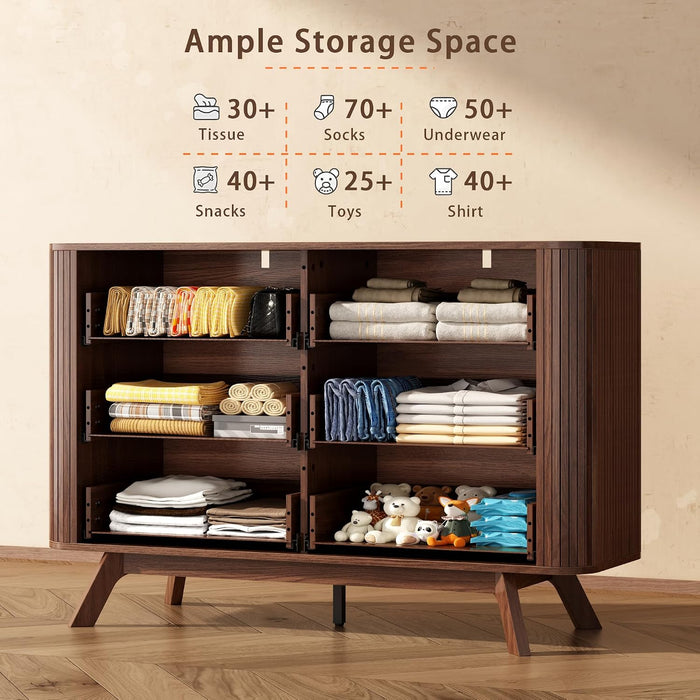 Fluted 6 Drawer Dresser for Bedroom, 47W X 31H, Modern Walnut Brown
