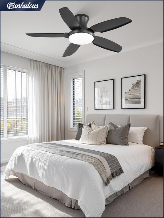Ceiling Fans with Lights, 42 Inch Low Profile Flush Mount Ceiling Fan with Remote/App Control,Black Modern Ceiling Fan with LED Light for Bedroom Indoor Outdoor-Led Dimmable, 3CCT, 6 Speeds